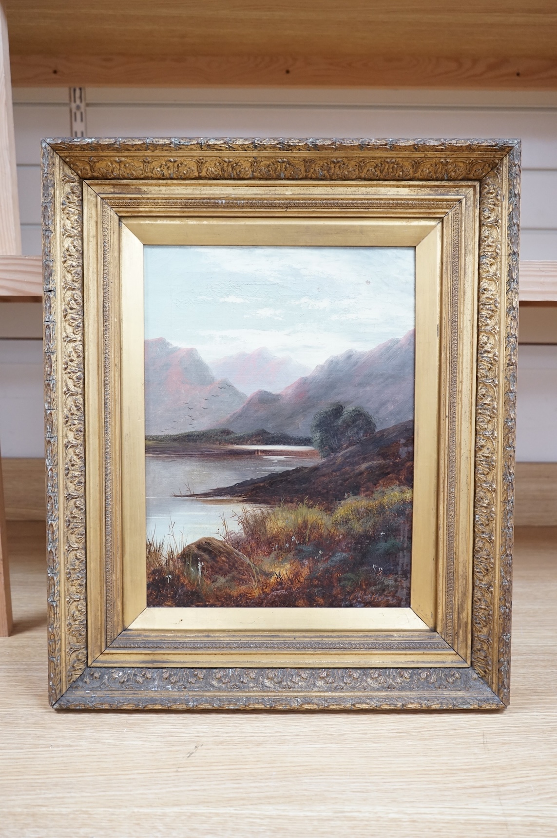 C. Leslie, Mountainous riverscape, signed, oil on canvas, 39 x 29cm, ornate gilt frame